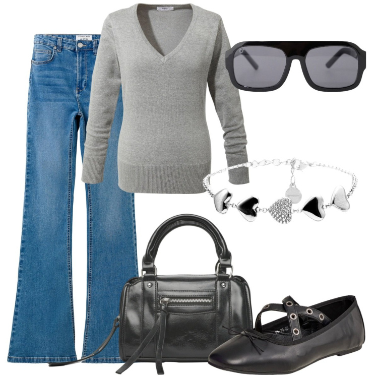 Outfit donna - Jeans. Stile Casual per Ufficio. Abbinamento con maglieria, ballerine, borse a mano, jeans a zampa, occhiali da sole, braccialetti.