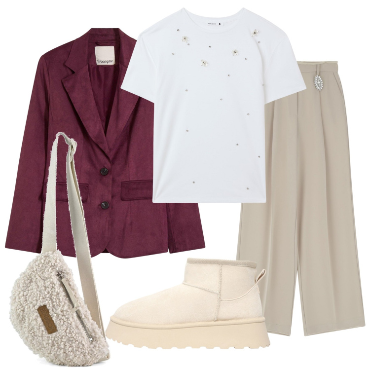 Outfit donna - Total look #2252279. Stile Casual per Tutti i giorni. Abbinamento con blazer, t-shirt, stivaletti, pantaloni, marsupi.