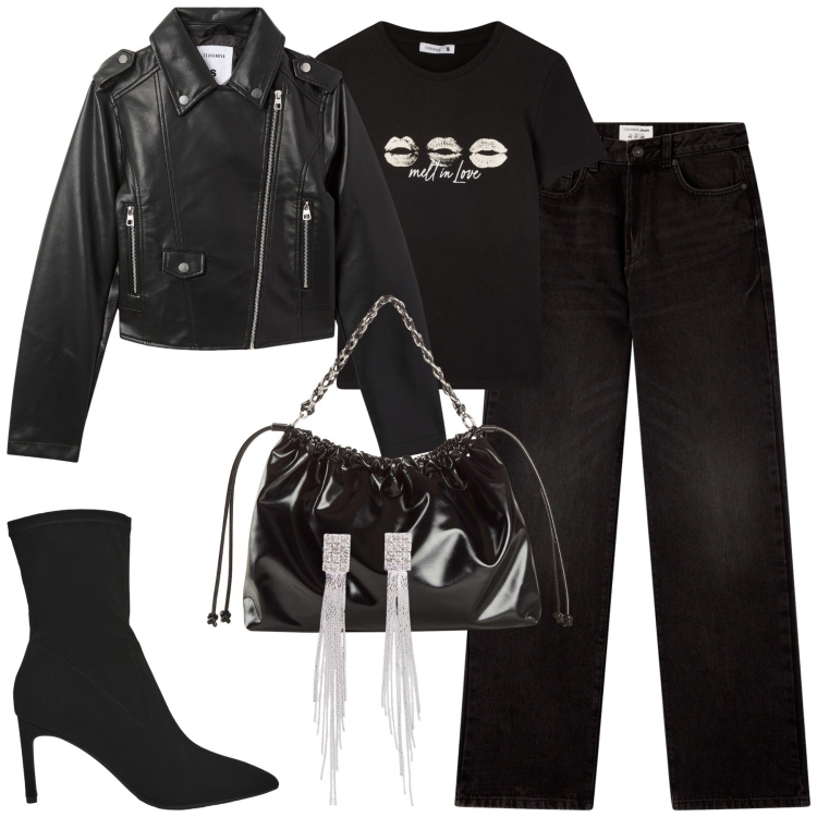 Outfit donna - Terranova black. Stile Casual per Tutti i giorni. Abbinamento con shopping bag, orecchini, stivali, jeans dritti, t-shirt, giacche.