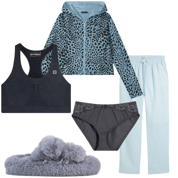 Outfit donna - Smart working. Stile Casual per Tutti i giorni. Abbinamento con pantaloni, culotte, reggiseni, felpe con cappuccio, ciabatte.