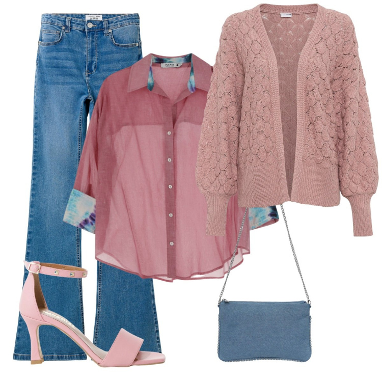 Outfit donna - La camicia. Stile Casual chic per Tutti i giorni. Abbinamento con cardigans, borse a tracolla, jeans a zampa, camicie, sandali col tacco.