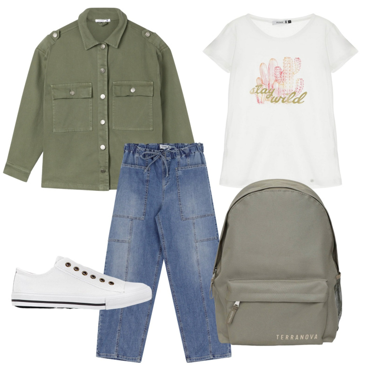 Outfit donna - Giacca/camicia must have. Stile Casual per Scuola/Università. Abbinamento con sneakers, zaini, cappotti, jeans, t-shirt.