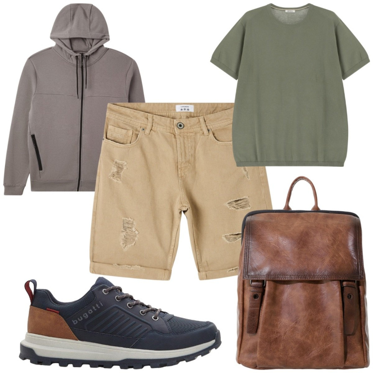 Outfit uomo - Total look #2252286. Stile Trendy per Tutti i giorni. Abbinamento con sneakers, bermuda, felpe con cappuccio, t-shirt, borse sportive.