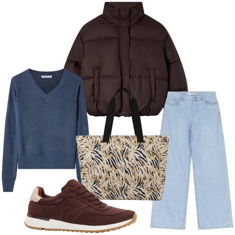 Outfit donna - Bomber time. Stile Minimal per Scuola/Università. Abbinamento con sneakers, bomber, maglieria, jeans, shopping bag.
