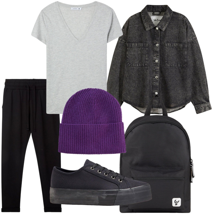 Outfit donna - Accessorio purple. Stile Minimal per Scuola/Università. Abbinamento con sneakers, berretti, cappotti, pantaloni, t-shirt, zaini.
