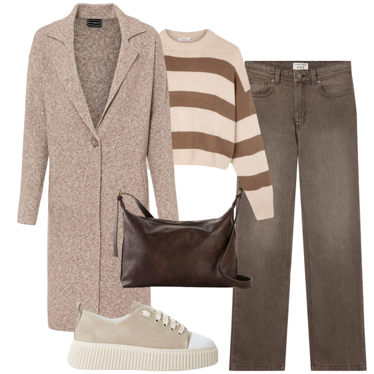 Outfit donna - City. Stile Casual per Tutti i giorni. Abbinamento con cappotti, borse a tracolla, jeans bootcut, maglieria, sneakers.