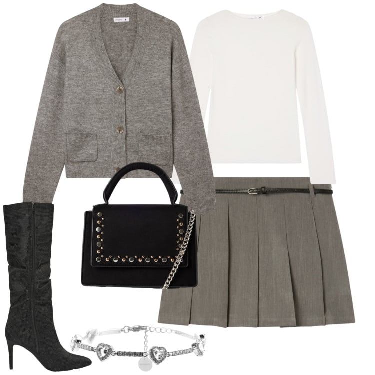 Outfit donna - Fall. Stile Urban per Tutti i giorni. Abbinamento con borse a tracolla, cardigans, minigonne, stivali, t-shirt, braccialetti.