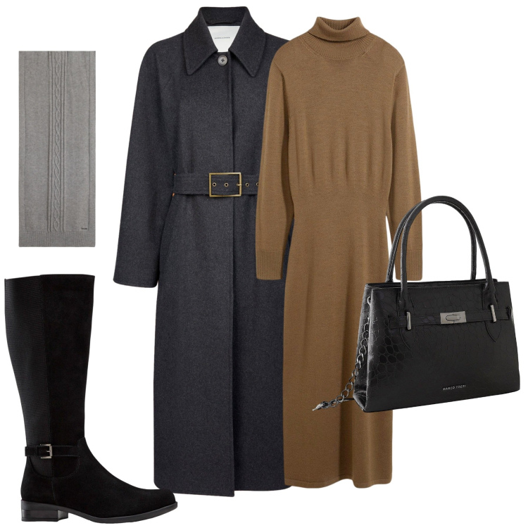 Outfit donna - Fall. Stile Urban per Tutti i giorni. Abbinamento con vestiti, stivali, borse a mano, sciarpe, cappotti.