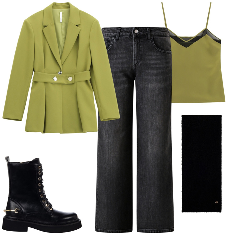 Outfit donna - City. Stile Casual chic per Tutti i giorni. Abbinamento con anfibi, jeans dritti, blazer, top, sciarpe.