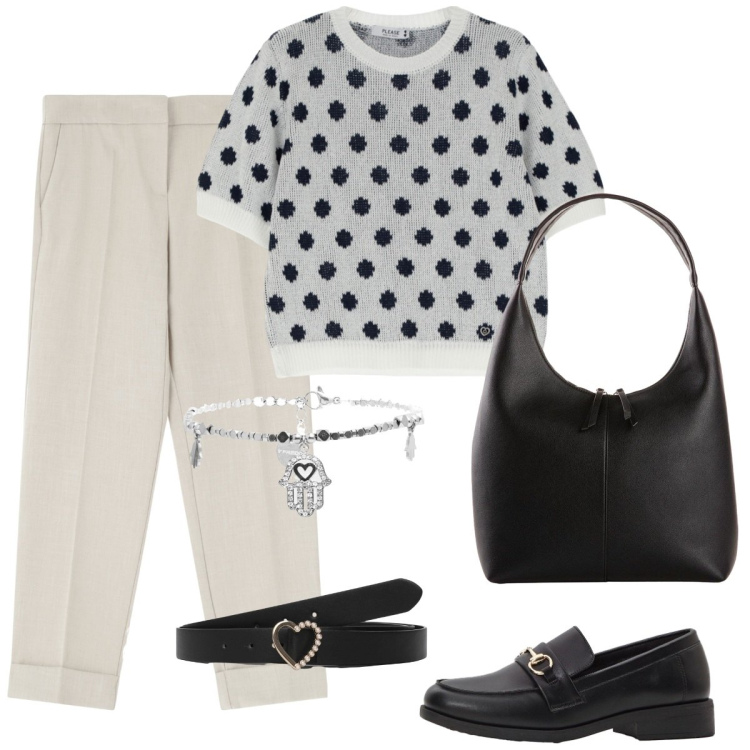 Outfit donna - Pois. Stile Casual chic per Ufficio. Abbinamento con shopping bag, mocassini, cinture, pantaloni, maglieria, braccialetti.