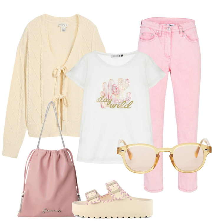 Outfit donna - Il cardigan coi fiocchi. Stile Casual chic per Tutti i giorni. Abbinamento con pantaloni, cardigans, t-shirt, borse a secchiello, occhiali da sole, ciabatte.