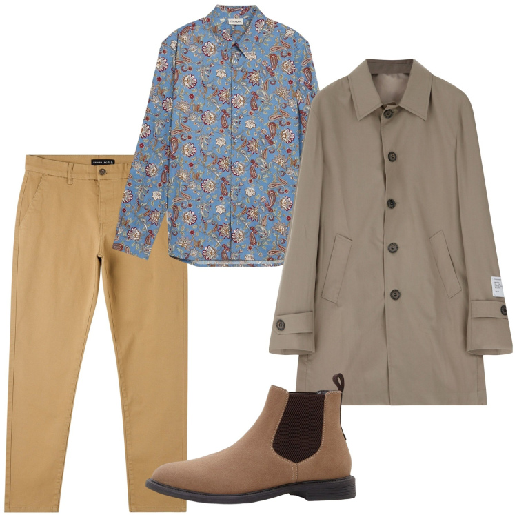 Outfit uomo - Trench destrutturato per il weekend urba. Stile Trendy per Tutti i giorni. Abbinamento con camicie, stivali e stivaletti, pantaloni skinny, trench.
