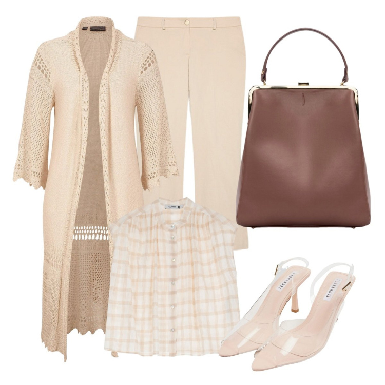 Outfit donna - Il cardigan crochet. Stile Basic per Tutti i giorni. Abbinamento con cardigans, sandali col tacco, camicie, borse a spalla, pantaloni.