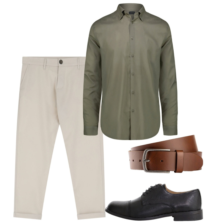 Outfit uomo - Settembre. Stile Casual per Tutti i giorni. Abbinamento con cinture, pantaloni chino, scarpe stringate, camicie.