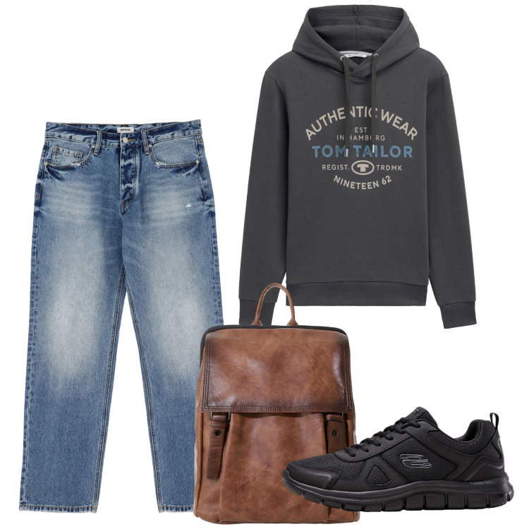 Outfit uomo - Athleisure da viaggio. Stile Casual per Tutti i giorni. Abbinamento con sneakers, felpe con cappuccio, jeans, borse sportive.