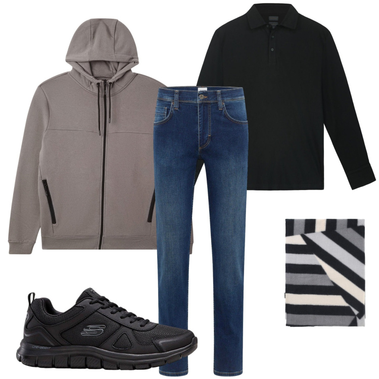 Outfit uomo - Casual il sabato mattina. Stile Casual per Tutti i giorni. Abbinamento con sneakers, jeans dritti, felpe con cappuccio, sciarpe, polo.