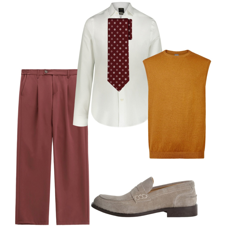 Outfit uomo - Tonalità ruggine per i brunch d’autunno. Stile Business/Elegante per Tutti i giorni. Abbinamento con scarpe stringate, pantaloni, camicie, gilet, cravatte.