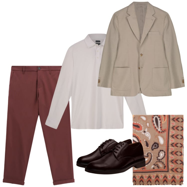 Outfit uomo - Tonalità ruggine per i brunch d’autunno. Stile Trendy per Tutti i giorni. Abbinamento con pantaloni, sciarpe e foulard, scarpe stringate, giacche, polo.