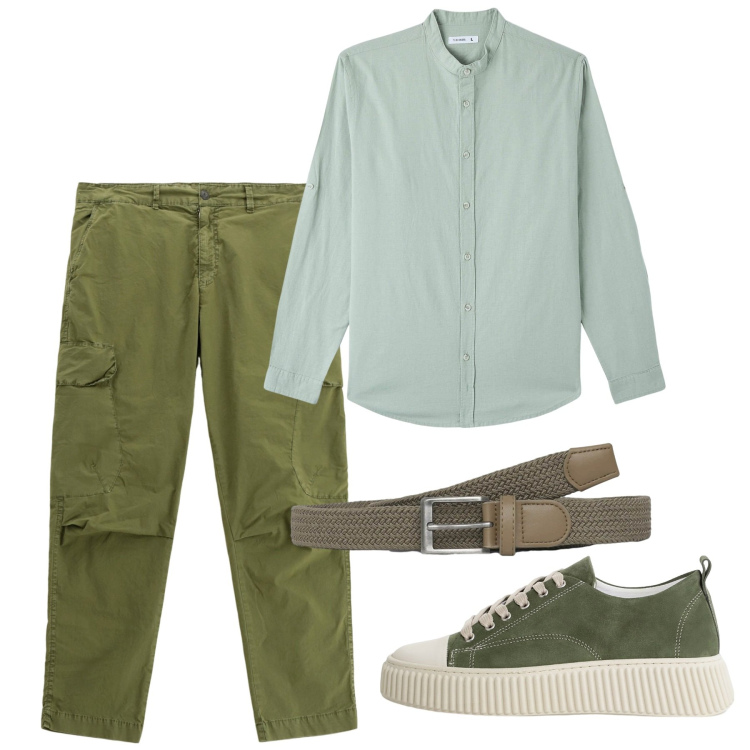 Outfit uomo - Green fall. Stile Casual per Tutti i giorni. Abbinamento con camicie, cinture, pantaloni cargo, sneakers.