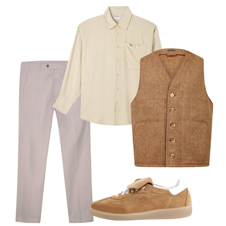 Outfit uomo - Light fall. Stile Casual per Tutti i giorni. Abbinamento con camicie, sneakers, gilet, pantaloni chino.