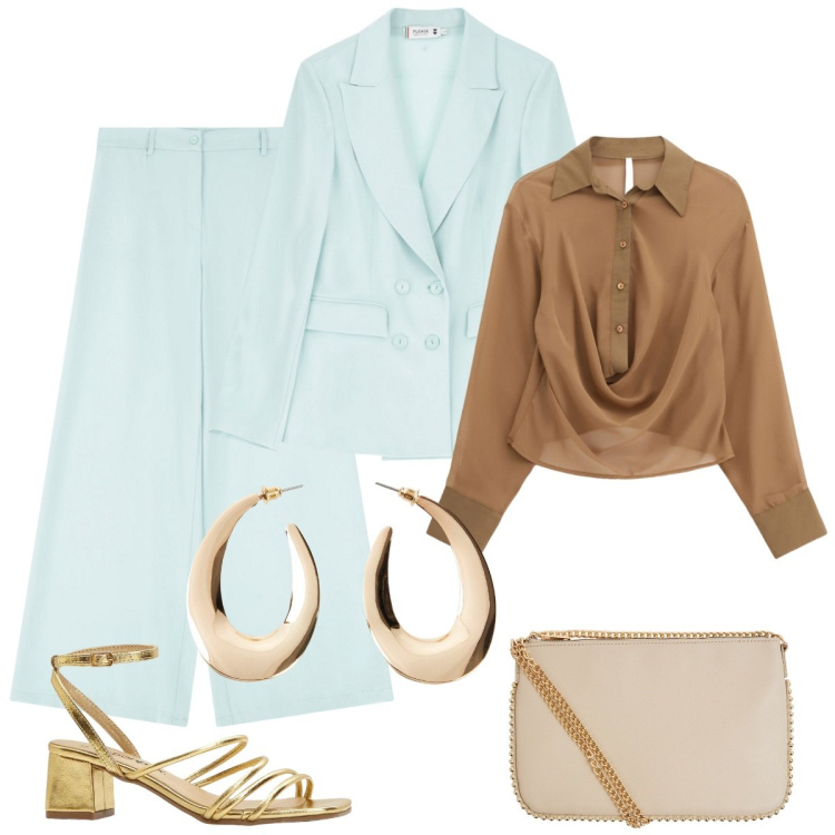 Outfit donna - La scarpa oro. Stile Romantica per Cerimonia. Abbinamento con orecchini, sandali col tacco, borse a tracolla, blazer, pantaloni, camicie.