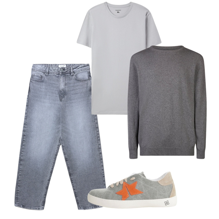 Outfit uomo - Settembre. Stile Casual per Tutti i giorni. Abbinamento con jeans, t-shirt, sneakers, maglieria.