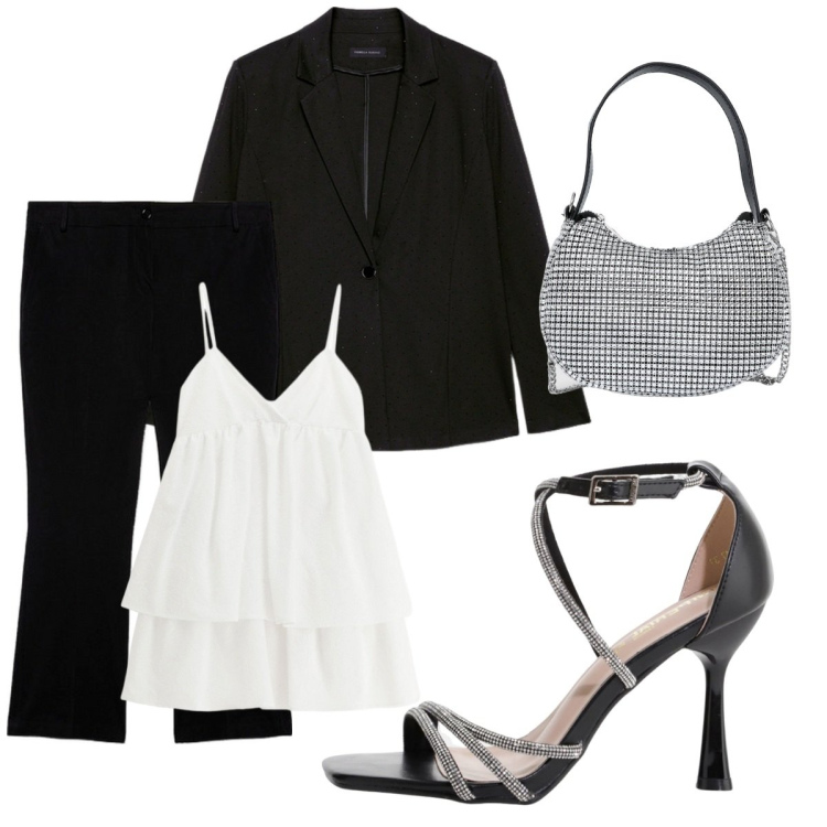 Outfit donna - Argento. Stile Chic per Cerimonia. Abbinamento con borse a spalla, vestiti corti, sandali col tacco, pantaloni, blazer.
