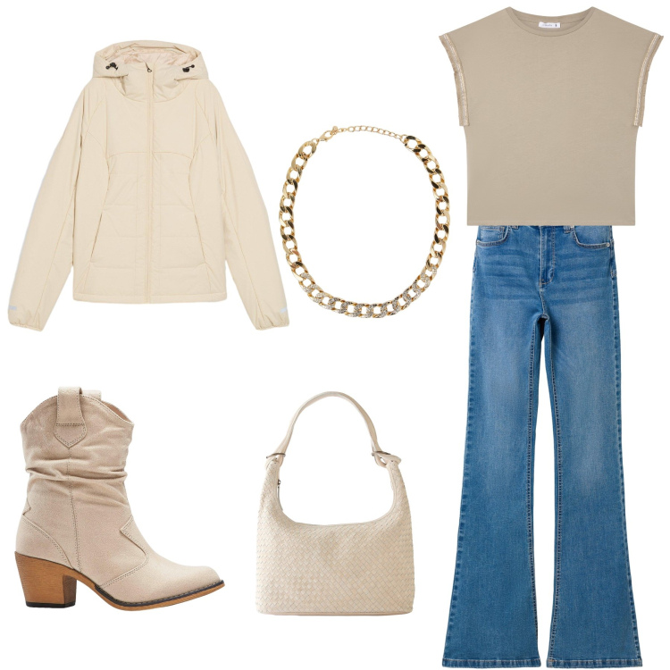 Outfit donna - Una domenica d’autunno. Stile Basic per Tutti i giorni. Abbinamento con stivaletti texani, shopping bag, giacche, collane, t-shirt, jeans a zampa.