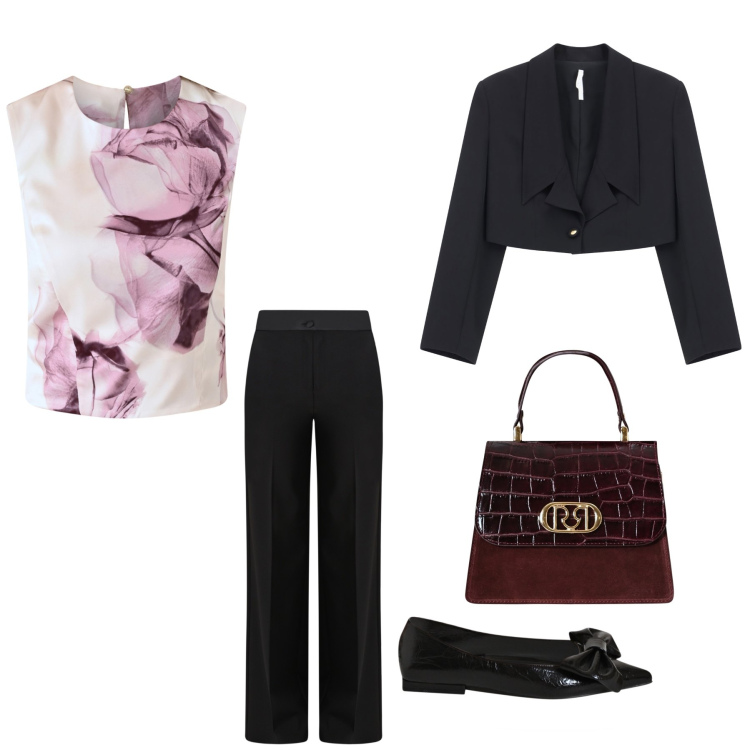 Outfit donna - Domenica con stile. Abbinamento con top, ballerine, pantaloni a palazzo, borse a mano, blazer.