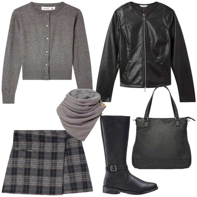 Outfit donna - Preppy girl. Stile Preppy per Tutti i giorni. Abbinamento con foulard, stivali, shopping bag, cardigans, minigonne, blazer.