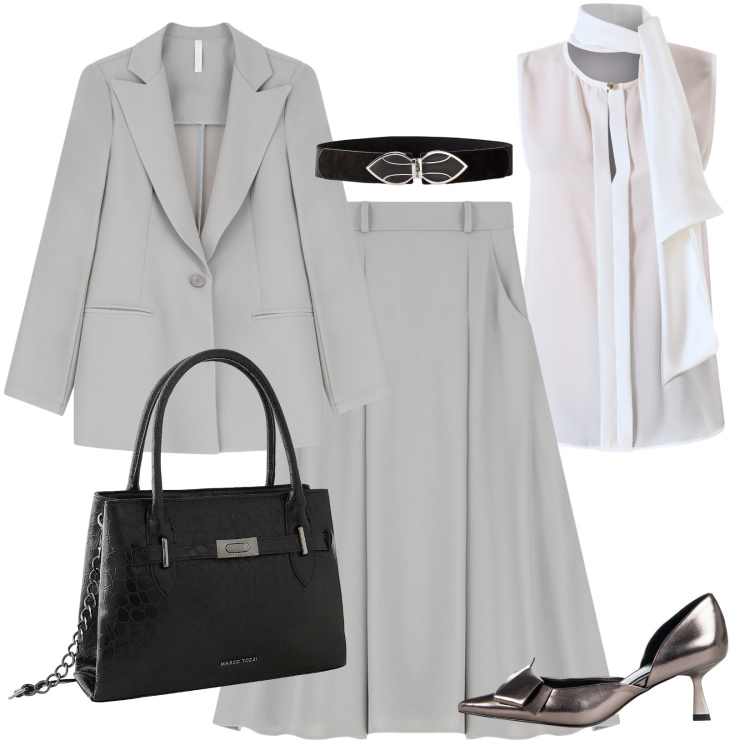 Outfit donna - Riunione importante. Stile Chic per Ufficio. Abbinamento con cinture, borse a mano, décolleté, top, blazer, gonne lunghe.
