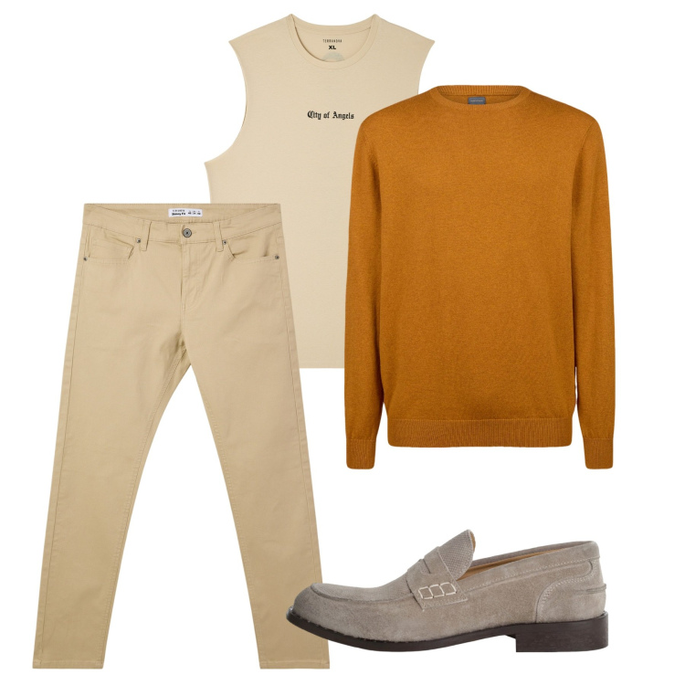 Outfit uomo - Un pull leggero. Stile Casual per Tutti i giorni. Abbinamento con canottiere, pantaloni skinny, scarpe stringate, maglieria.