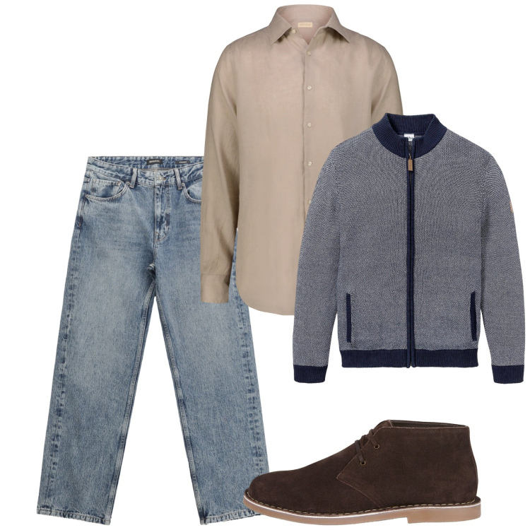 Outfit uomo - Fall is here. Stile Casual per Tutti i giorni. Abbinamento con cardigans, jeans dritti, camicie, stivali e stivaletti.
