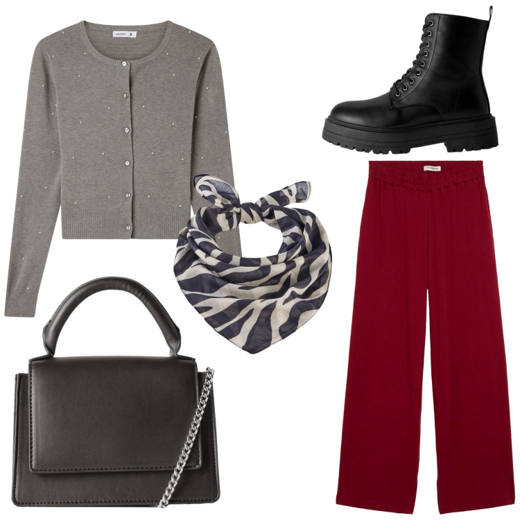 Outfit donna - Grigio da mattina a sera. Stile Trendy per Tutti i giorni. Abbinamento con foulard, pantaloni, borse a tracolla, anfibi, cardigans.
