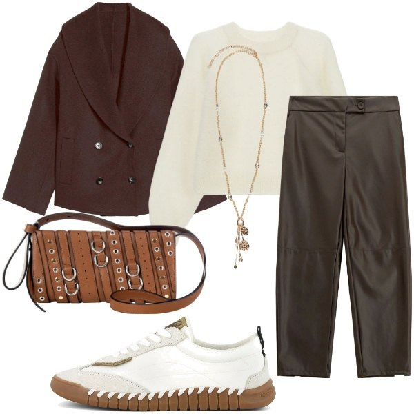 Outfit donna - Passeggiata in centro la domenica. Stile Casual chic per Tutti i giorni. Abbinamento con caban, borse a spalla, pantaloni, maglieria, ciondoli, sneakers.