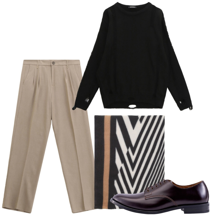 Outfit uomo - September mood. Stile Trendy per Tutti i giorni. Abbinamento con pantaloni, sciarpe, maglieria, scarpe stringate.