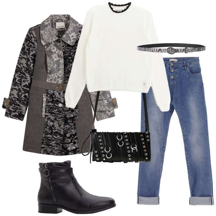 Outfit donna - Passeggiata in centro la domenica. Stile Minimal per Tutti i giorni. Abbinamento con cappotti, stivaletti, cinture, borse a spalla, pullovers, jeans slim fit.