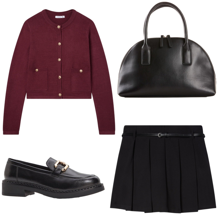 Outfit donna - Passi con stile. Stile Preppy per Tutti i giorni. Abbinamento con shopping bag, mocassini, minigonne, cardigans.