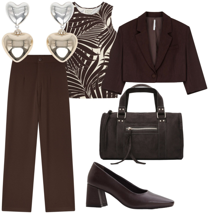 Outfit donna - A lavoro. per Scuola/Università. Abbinamento con top, décolleté, borse a mano, orecchini, pantaloni, blazer.