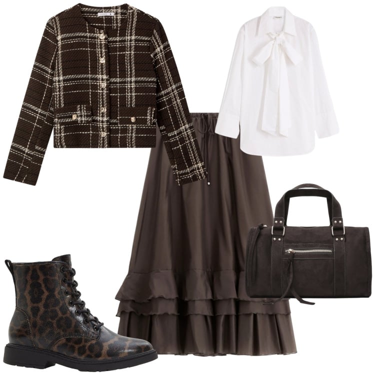 Outfit donna - Total look #2252357. Stile Casual chic per Tutti i giorni. Abbinamento con stivaletti, camicie, borse a mano, blazer, gonne lunghe.