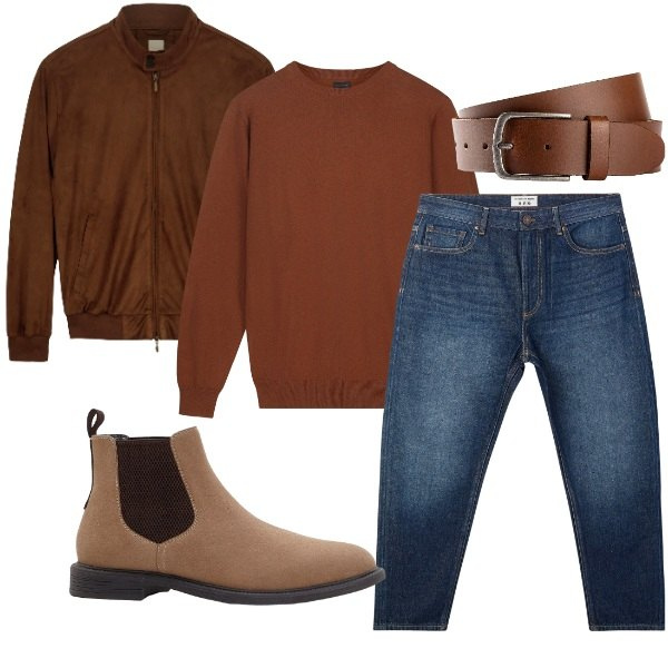 Outfit uomo - Casual Autunnale in Toni Caldi. Stile Casual per Tutti i giorni. Abbinamento con cinture, stivali e stivaletti, jeans, giacche, maglieria.