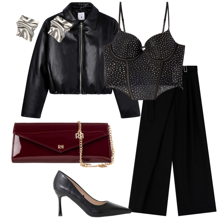 Outfit donna - A cena. per Serata fuori. Abbinamento con giacche, top, pochette, pantaloni a palazzo, décolleté, orecchini.
