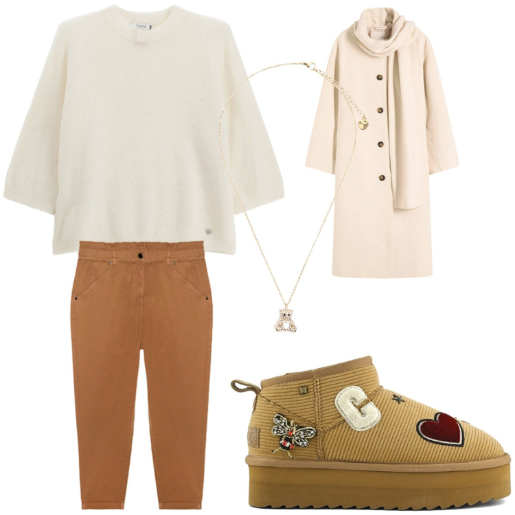 Outfit donna - I primi freddi. Stile Casual per Tutti i giorni. Abbinamento con cappotti, pullovers, ciondoli, stivali, pantaloni.