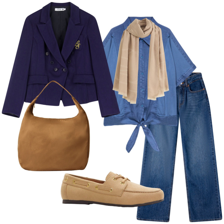 Outfit donna - Autunnale. Stile Casual chic per Tutti i giorni. Abbinamento con sciarpe, mocassini, jeans, borse a mano, blazer, camicie.