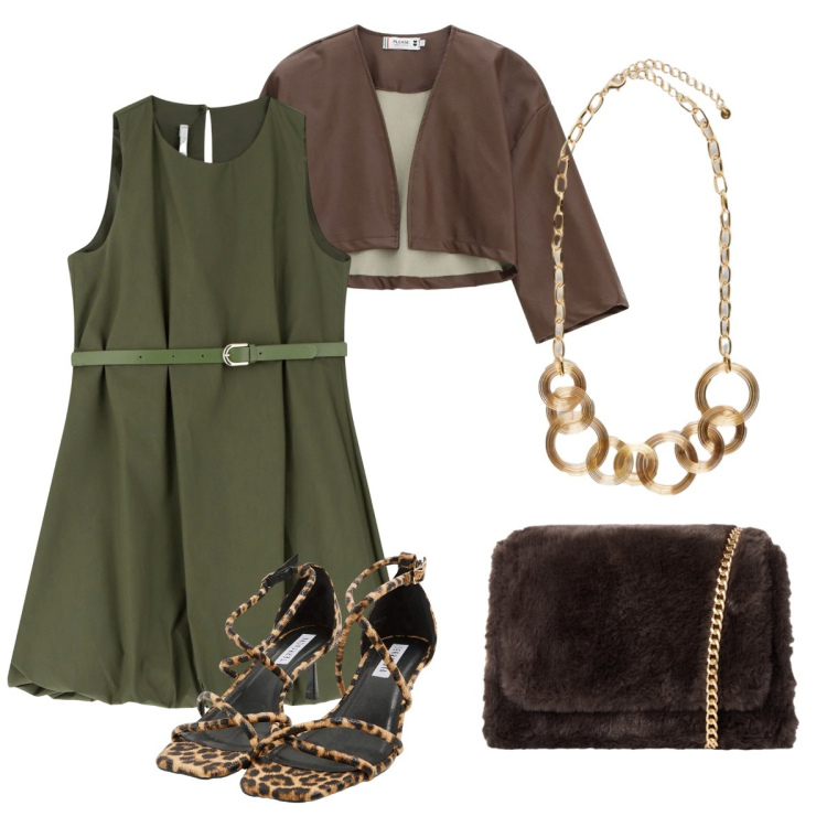 Outfit donna - L\'abito verde. Stile Basic per Serata fuori. Abbinamento con sandali col tacco, borse a tracolla, giacche, vestiti corti, collane.