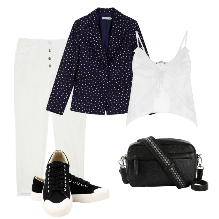 Outfit donna - Molto comoda. Stile Casual chic per Tutti i giorni. Abbinamento con borse a tracolla, blazer, top, sneakers, pantaloni.