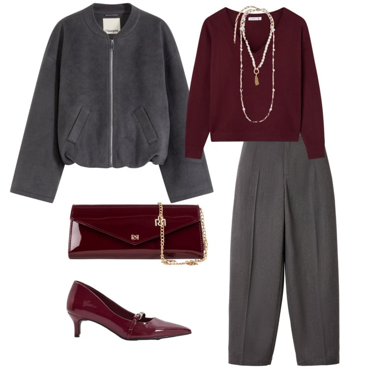 Outfit donna - Cena in famiglia. per Serata fuori. Abbinamento con bomber, décolleté, maglieria, pantaloni, pochette, collane.