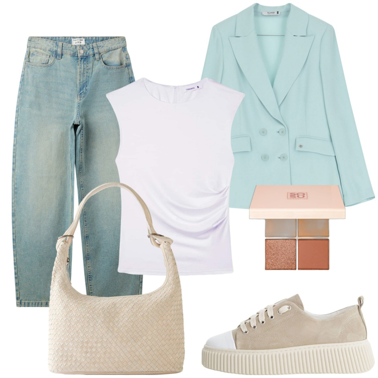 Outfit donna - Tra l\'estate e l\'autunno. Stile Casual chic per Tutti i giorni. Abbinamento con shopping bag, ombretti, jeans, t-shirt, blazer, sneakers.