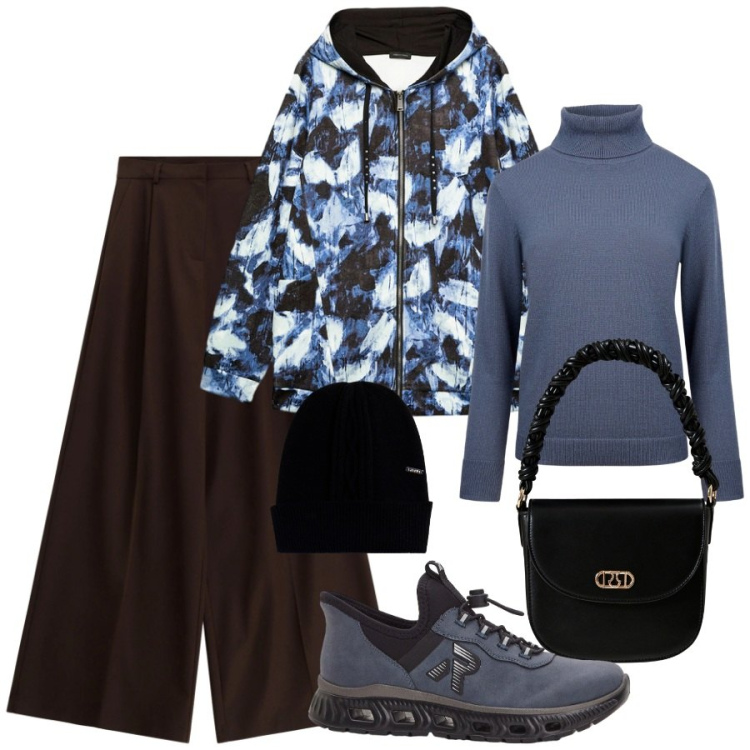 Outfit donna - Sorpresa dalla pioggia. Stile Sporty chic per Tutti i giorni. Abbinamento con sneakers, borse a mano, pantaloni a palazzo, cappelli, maglieria, felpe con cappuccio.