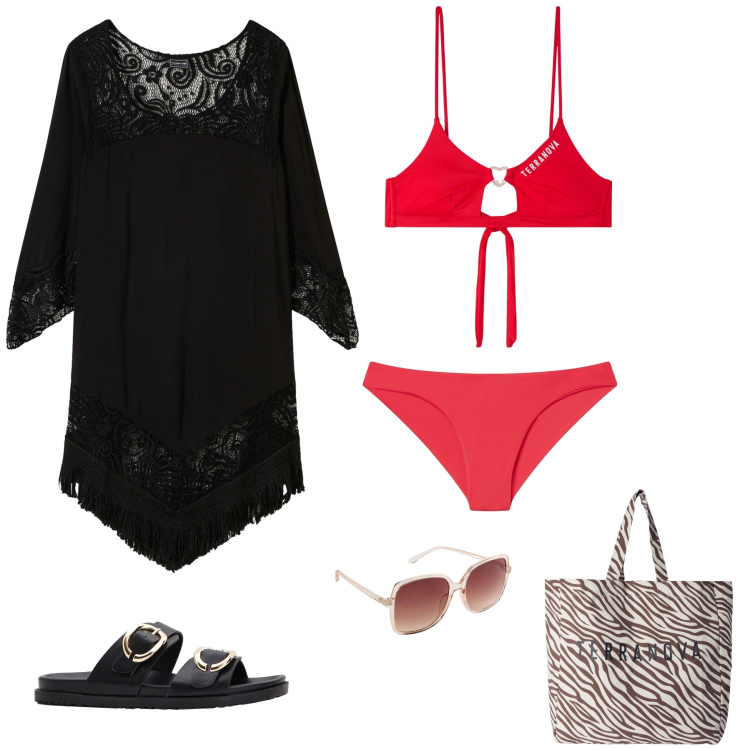 Outfit donna - Ultimi raggi di sole. Abbinamento con vestiti da spiaggia, ciabatte, occhiali da sole, bikini, borse tote, bikini.